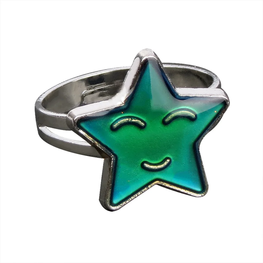 Mood Rings Cute Smile Face Pentagram Star Female Heart Emotional Temperature Discoloration Ring Opening Magic Strange Jewelry