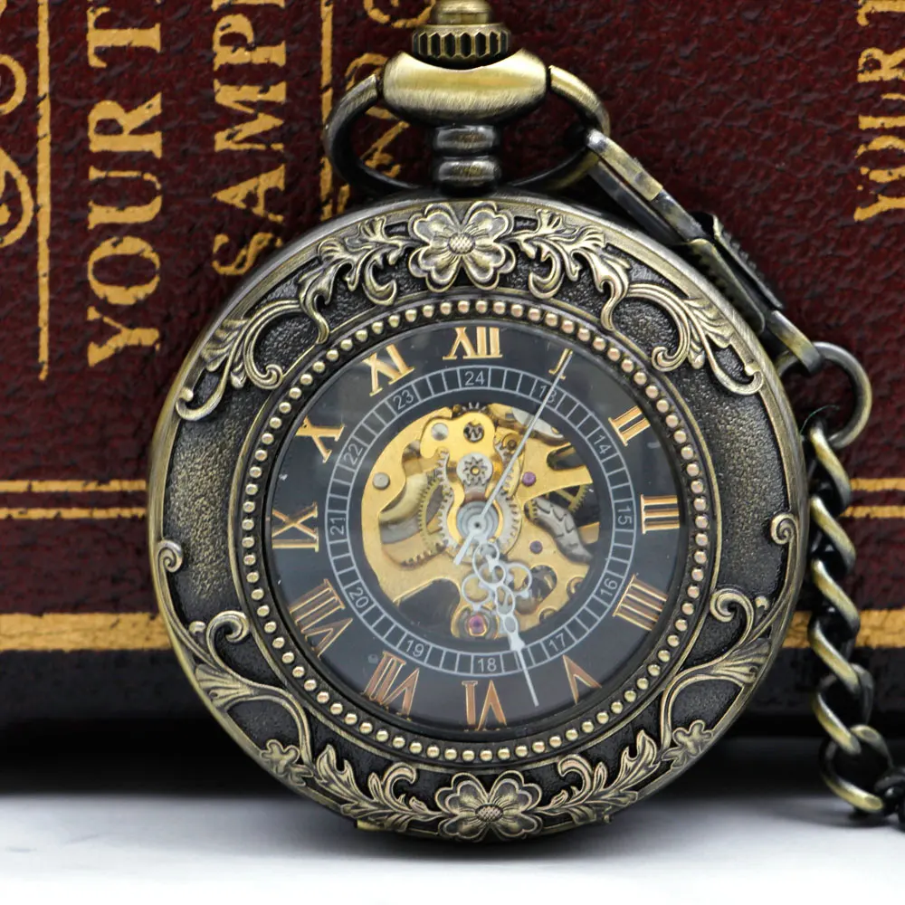 

Vintage&Antiuqe Steampunk Mechanical Pocket Watches Necklace Retro Skeleton Fob & Pocket Watch with Fob Chain PJX052