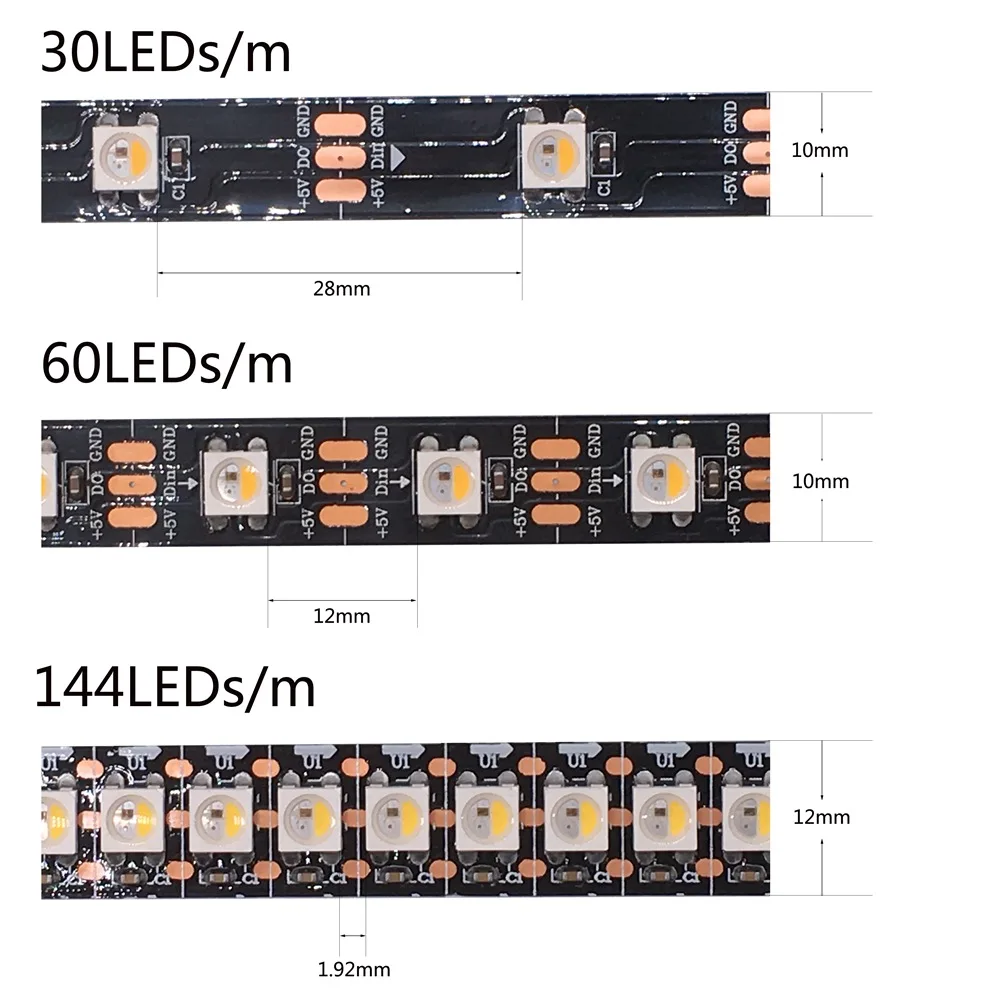 Imagem -02 - Tira de Led Endereçável Individual Sk6812 Rgbw Semelhante Ws2812b em 30 60 144 Leds Pixels m cw nw ww Ip30 65 67 5v cc