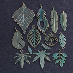 13pcs Metal Mix Green Bronze Charms Classic DIY Handmade Decoration Leaf Feather Tree Shape Charms For Jewelry Making