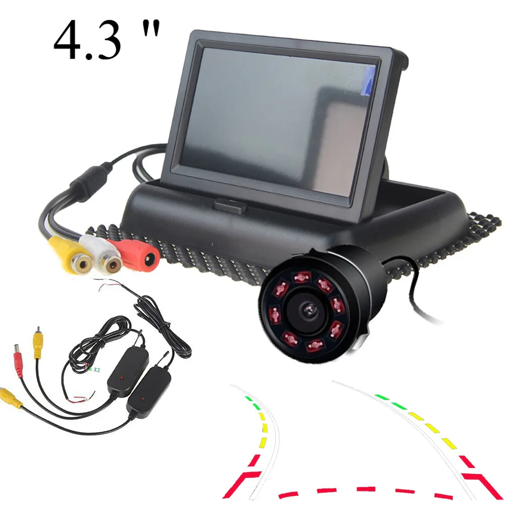 

Foldable 4.3" LCD HD800*480 Screen Car Monitor Reverse Monitor 2 Video Input, Moving Parking lines Rearview Camera Wireless