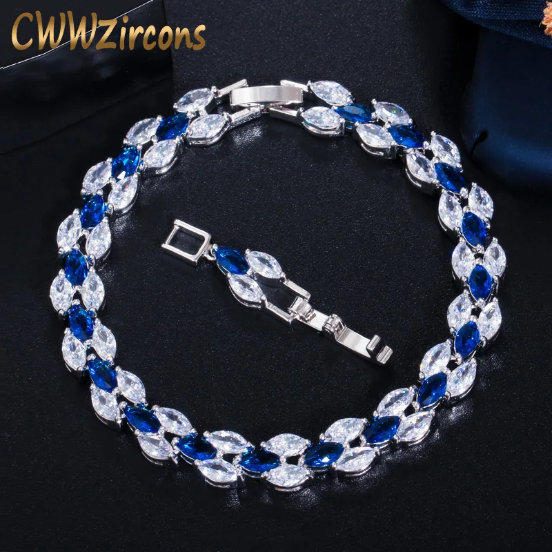 CWWZircons Stunning Cubic Zirconia Bridal Wedding Jewelry Silver Color Blue Crystal CZ Bracelet for Bridesmaid Gift  CB026