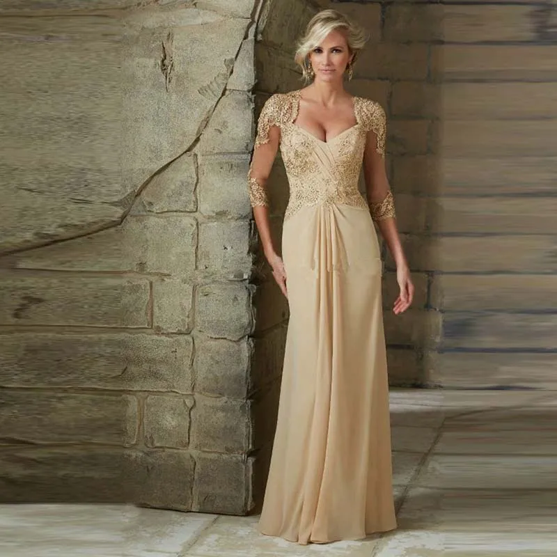 Champagne Evening Dresses A-line V-neck Chiffon Appliques Beaded Long Groom Party Gown Customized Vestidos De Fiesta