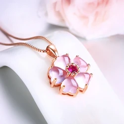 Romantic Rose Gold Color Flower Necklace Heart-shape Pink Crystal Hibiscus Stone Pendants Sweet Cute Jewelry For Women