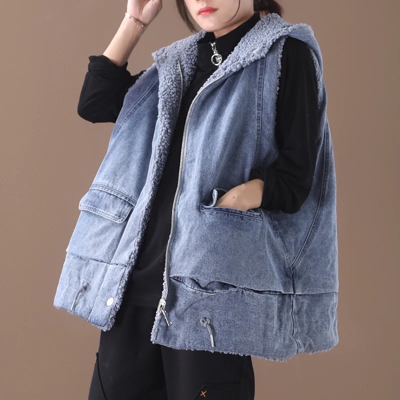 Female new autumn and winter korean style  plus size outerwear literary hooded thickened two-sided wearing loose lamb vest