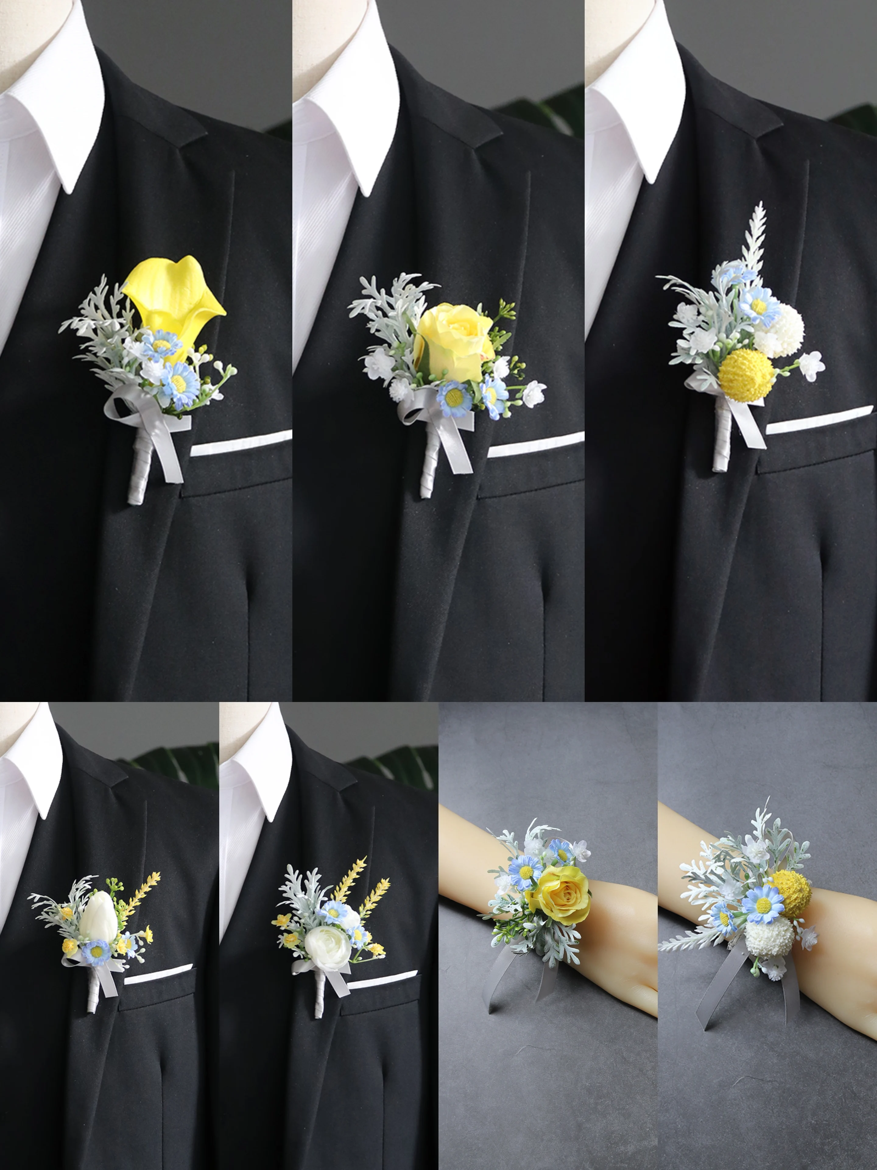 Ramillete de muñeca de Calla amarillo para dama de honor, brazalete de flor de seda rosa de té, ramillete de muñeca, boda, flores de mano, Boutonniere para hombres