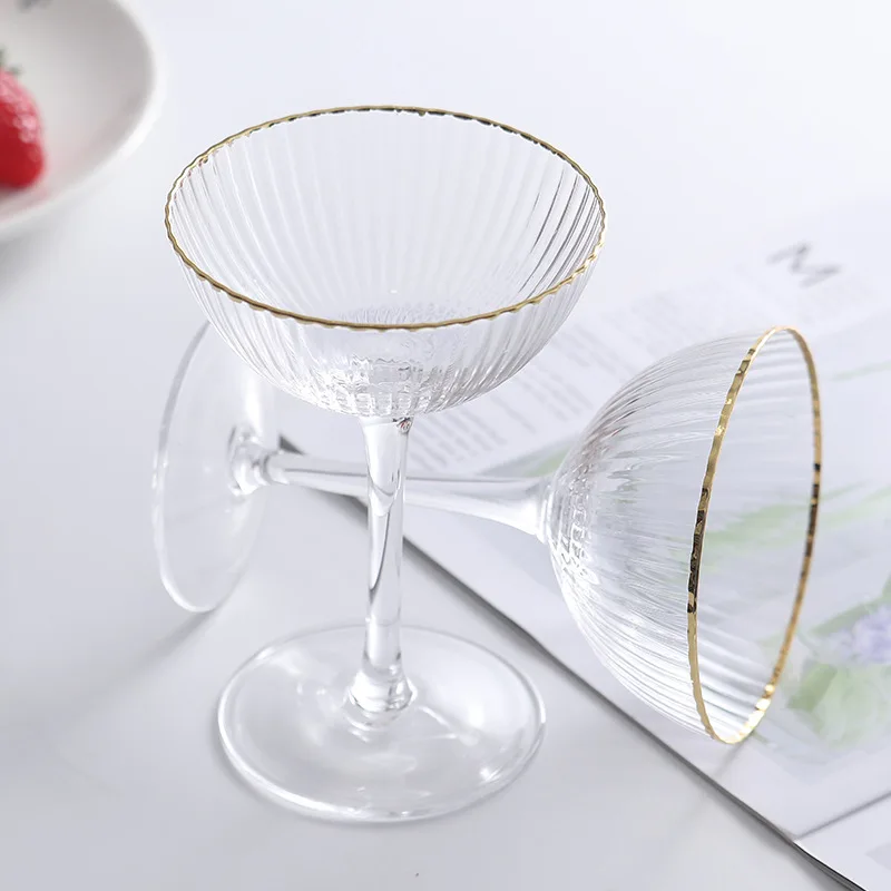 Crystal Ripple Champagne Glasses, Dessert Ice Cream Cup with Gold Rim, Luxury, 1 Piece, 155ml