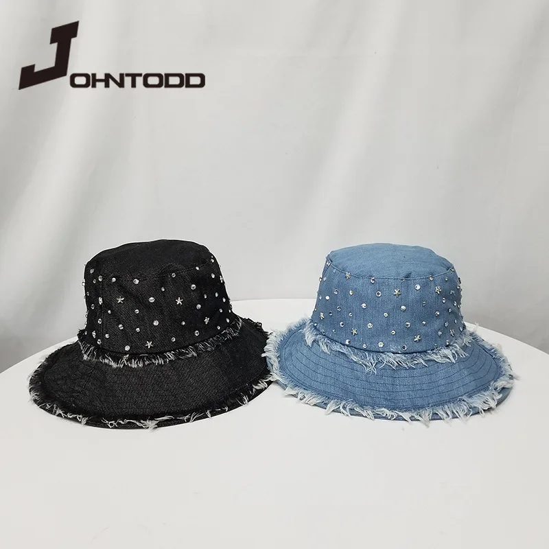 Панама из денима с заклепками для мужчин и женщин, модная шапка из потертого хлопка, плотная теплая, для путешествий и прогулок, летняя, 2021
