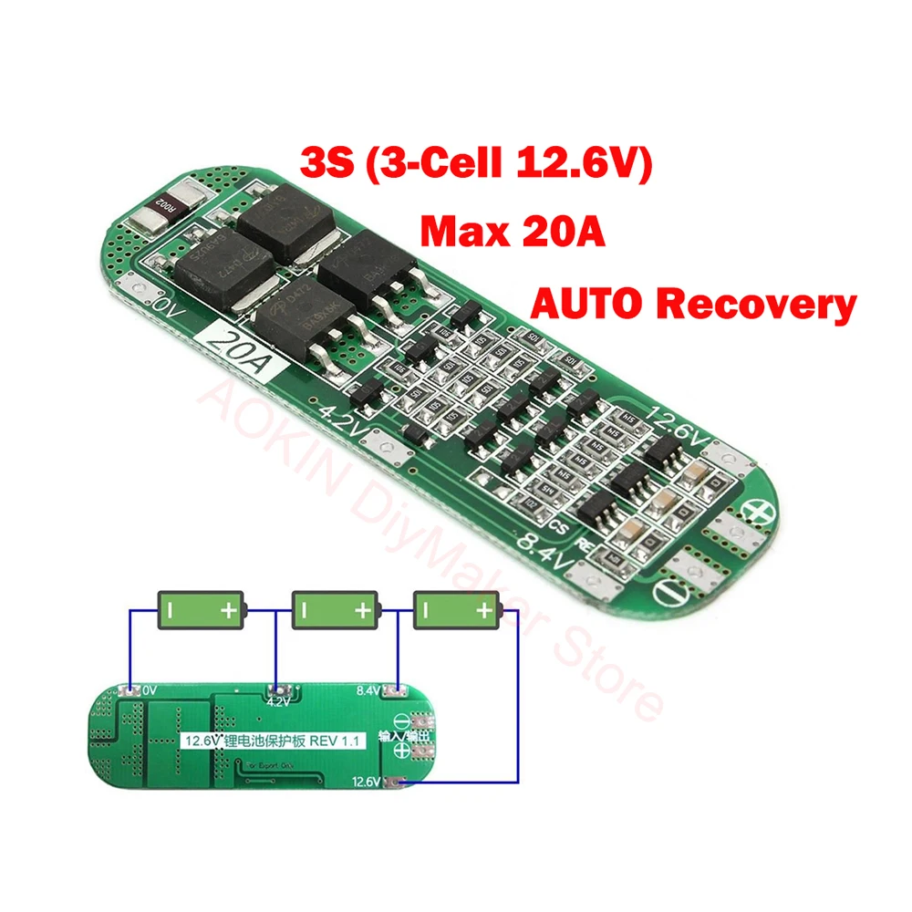 3S 20A Li-ion Lithium Battery 18650 Charger Protection Board PCB BMS 12.6V Cell Charging Protecting Module AUTO Recovery diy kit