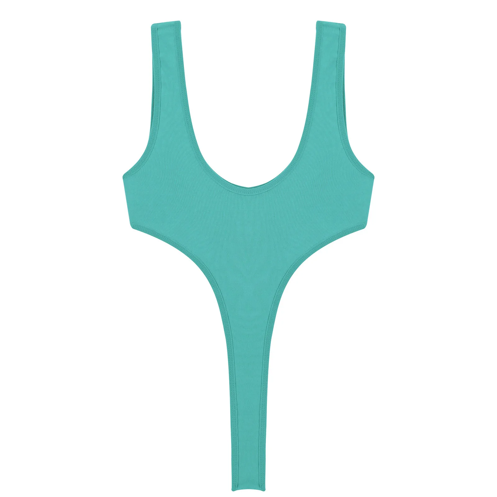 Women Solid Color One-piece Swimsuit Scoop Neck Sleeveless Bodysuit High Cut Backless Leotard Swimwear Sportswear Pool Party