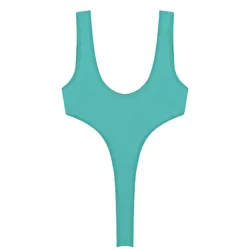 Women's Swimsuit One Piece Silky See Through Sheer Lingerie Swimwear Deep Scoop Neck Sleeveless High Cut Thong Leotard Bodysuit