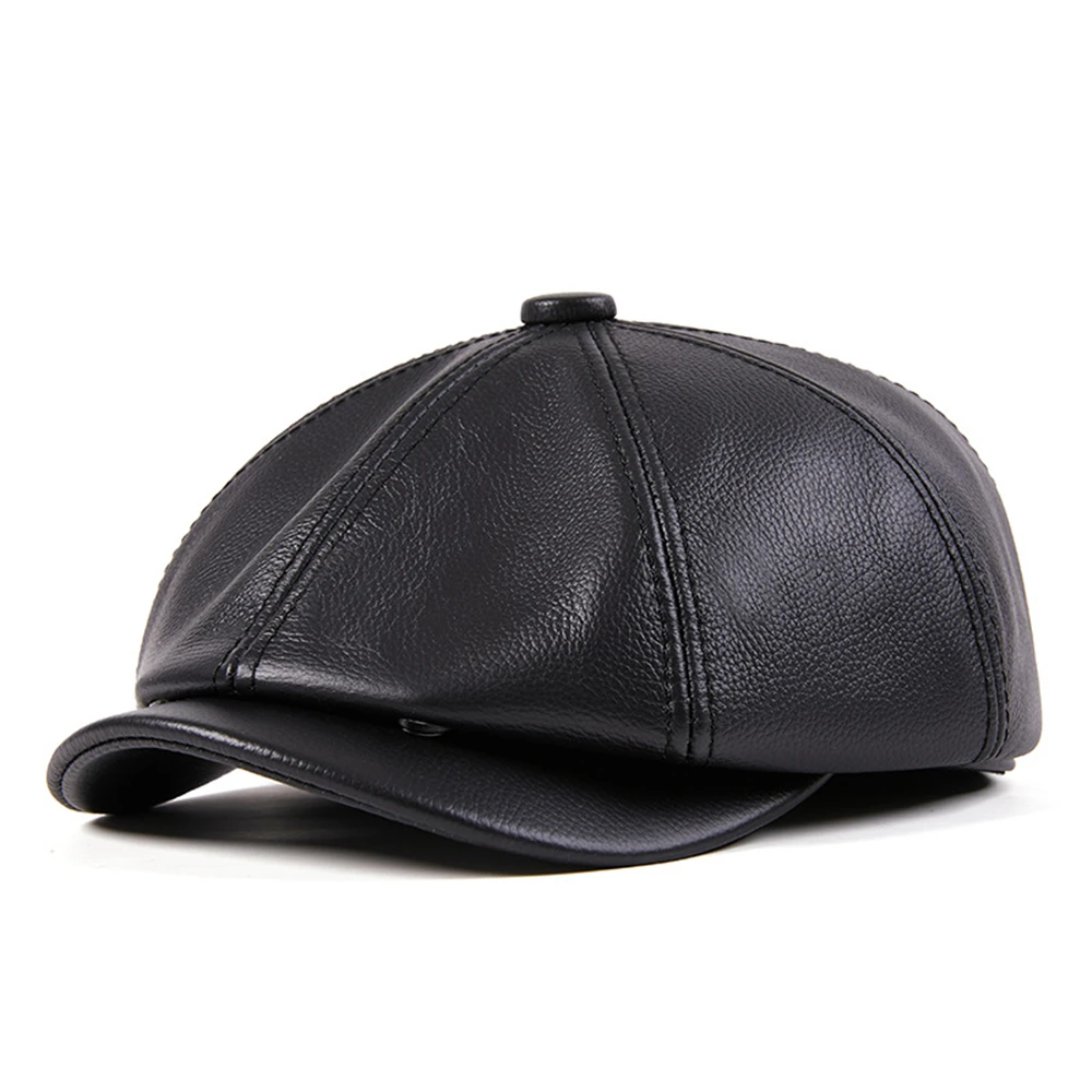 LA SPEZIA Genuine Leather Newsboy Cap Men High Quality Octagonal Hat Autumn Winter Beret Real Cowskin Flat Cap