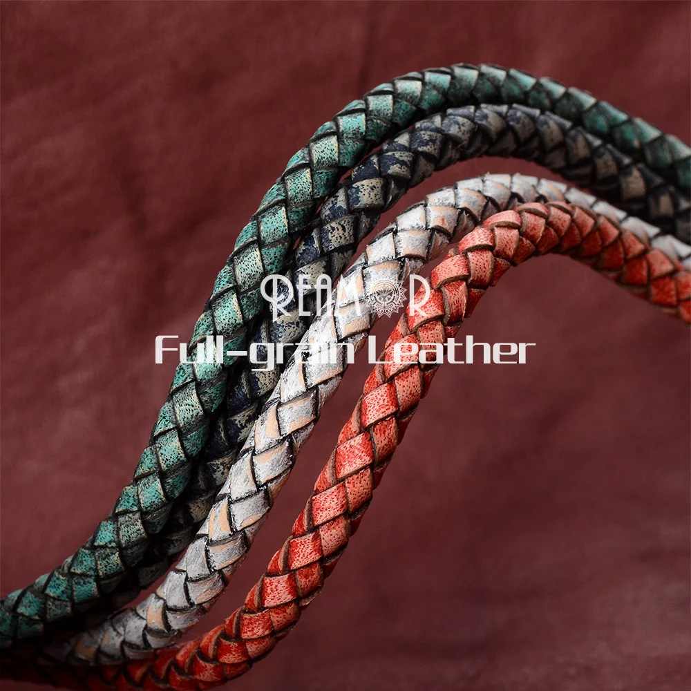 REAMOR 1M Retro Green White Braided Genuine Leather Jewelry Findings 5mm Round Leather Cord String Rope DIY Bracelet Making