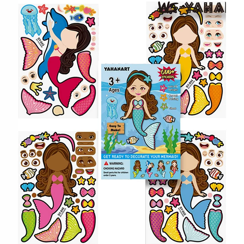 4 Sheets Mermaid Sticker Puzzle Game DIY Cartoon Princess Girls Learning Education Toys For Children Kids Multi-patterns Styles