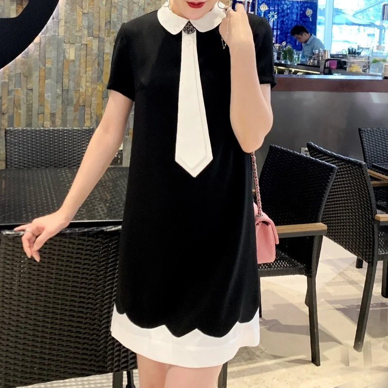 Black New Doll Collar Girls dress Preppy Styale Casual Loose Fit Sweet Tie Dress Women Short Sleeve Knee Length A Line Dresses