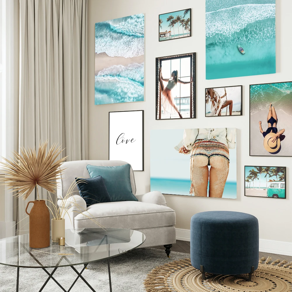 

Beach Girl Van Palm Leaf Boat Landscape Nordic Poster Wall Art Print Canvas Painting Wall Pictures For Living Room Home Decor