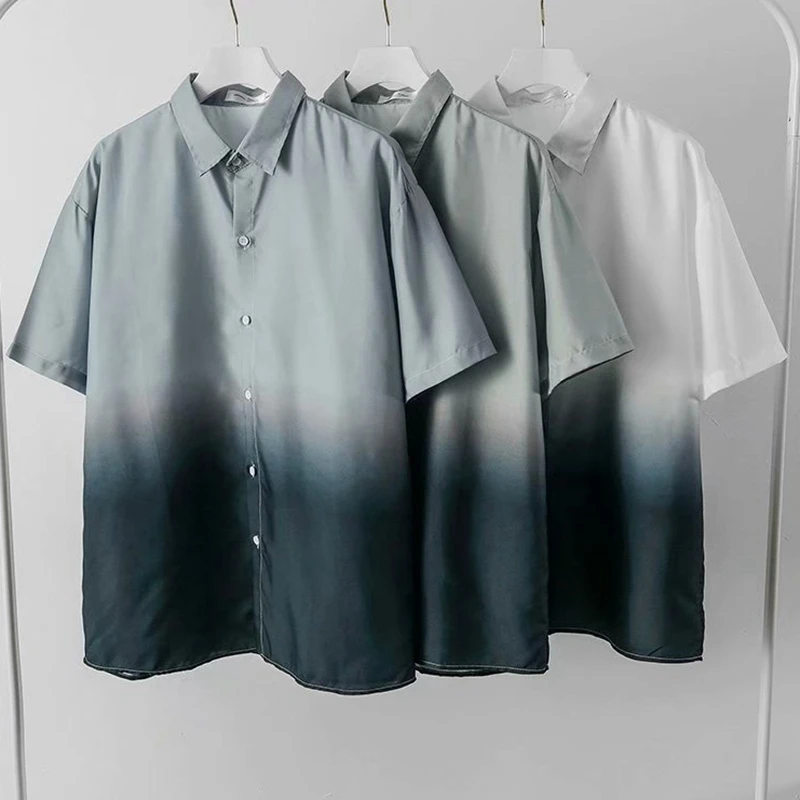 

2020, высококачественная летняя корейская рубашка с короткими рукавами, мужская рубашка с градиентом INS Trend, повседневная свободная мужская рубашка с диким принтом тай-дай