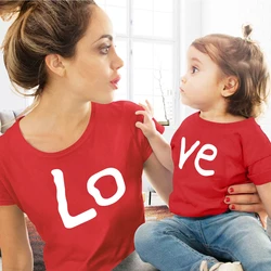 Roupas amor de família, roupas de algodão vermelhas, mãe e filha, camiseta estampada, mamãe e eu, roupa, bebê, menina, menino