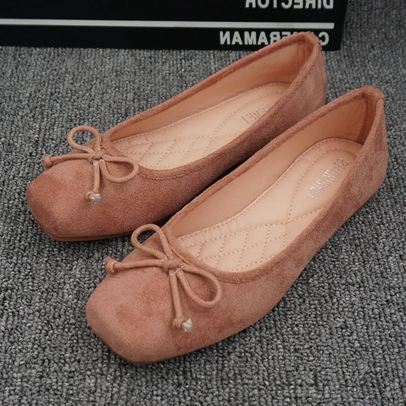 

EU35-42 Korean Shoes Women Ballet Flats Suede Leather Ladies Loafers Slip On Moccasins Square Toe Ballerina Flat Shoes Woman