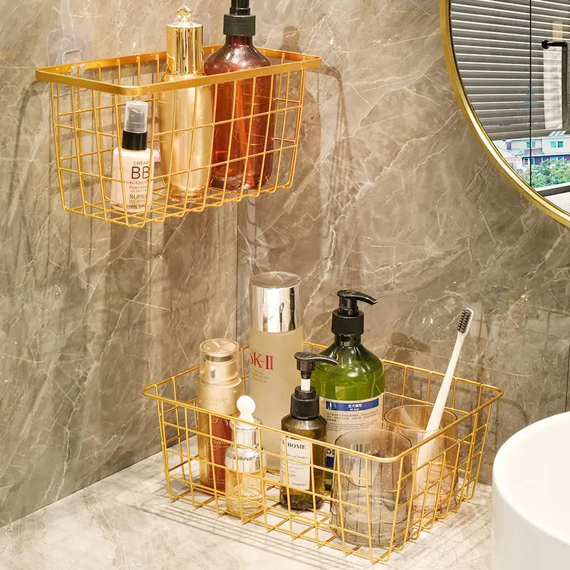 

Modern Waterproof Rustproof Wrought Iron Frame Bathroom Toilet Vanity Table Toiletries Cosmetics Free Punch Wall Storage Rack