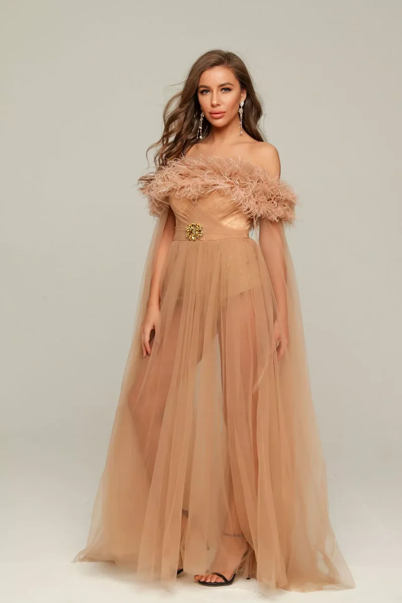 Champagne Illusion Prom Jurk Voor Fotografie Schieten Veer Off Shoulder A-lijn Avondjurk Floor Lengte Вечерние Платья Платье