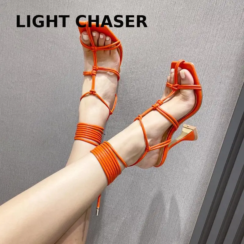 

Summer Sandals Fashion Ankle Strap Ladies Shoes Sexy High Heels Strappy Sandals Square Head Spike Heel Pump Dress Party Shoes