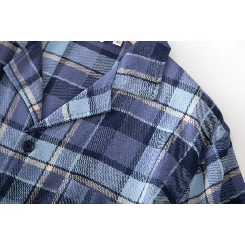 Conjunto casual de pijama xadrez masculino, terno pijama 100% algodão, gola virada para baixo, camisa de manga curta, meia calça, verão, 2022