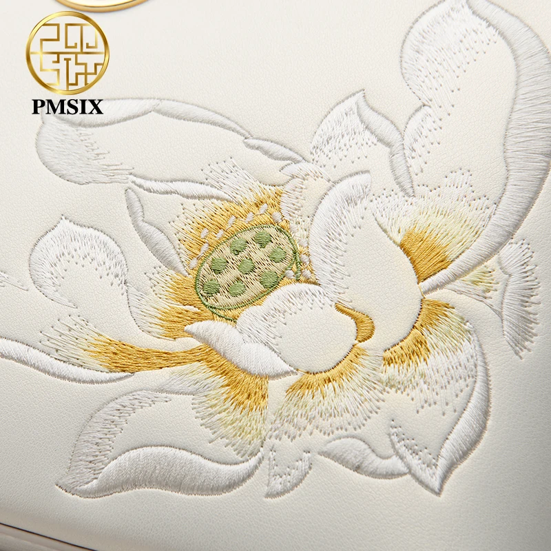 PMSIX luxury White Leather Handbags For Women Elegant Embroidered Ladies\' Designer Shoulder Bag Simple Messenger Bags 2021