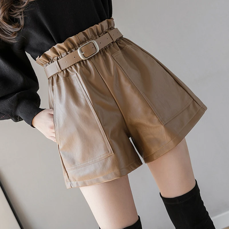 2023 Women's Leather Shorts Pu High Waist Elastic A-line Wide-legged With Belt Black Brown Elegant Bottoms Casual Short Mujer