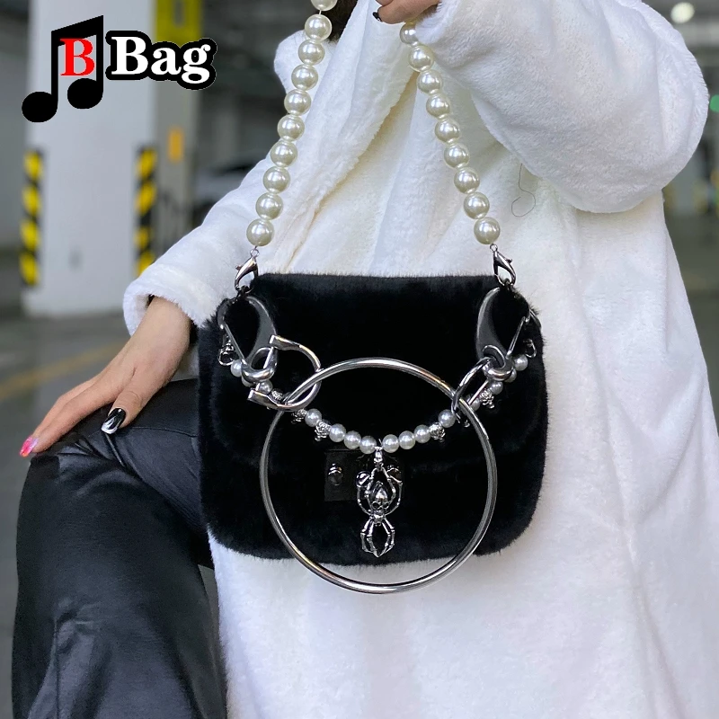 Punk wiele metod pleców perła łańcuszkowa torba na ramię moda damska metalowy pierścień pluszowa torba kurierska Crossbody torby Tote