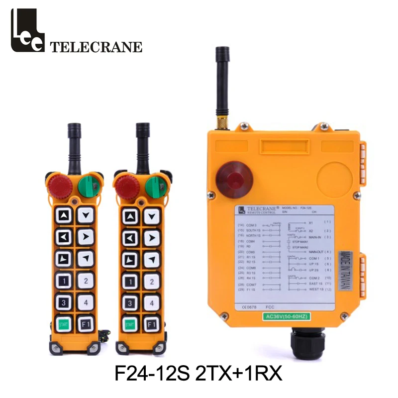 Telecrane F24-12s 12 One Step Pushbuttons Crane Radio Remote Controller 2 TX Emitter With Mushroom Emergency Stop On/Off Switch