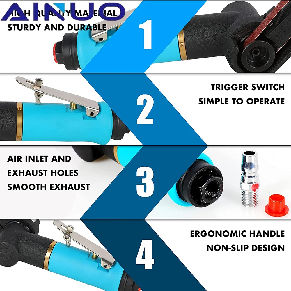 Lijadora de banda de aire de 10x330mm, rectificadora de ángulo de aire con bandas de lijado para compresor de aire, juego de herramientas neumáticas