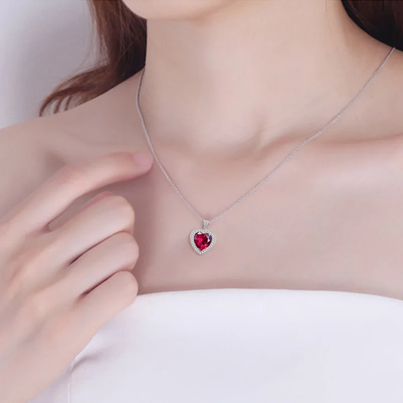 Classical love heart red crystal ruby gemstones diamonds pendant necklaces for women white gold silver color jewelry bijoux gift