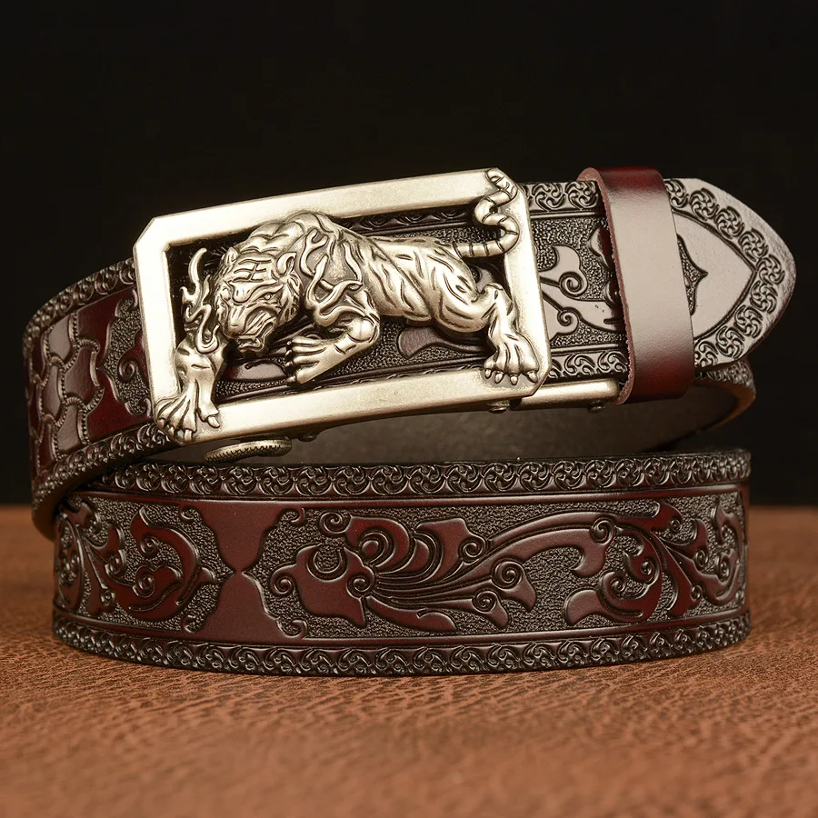 

2021 New tiger automatic buckle men's belt real cowhide personalized carved belt casual retro men's belt luxury brand design