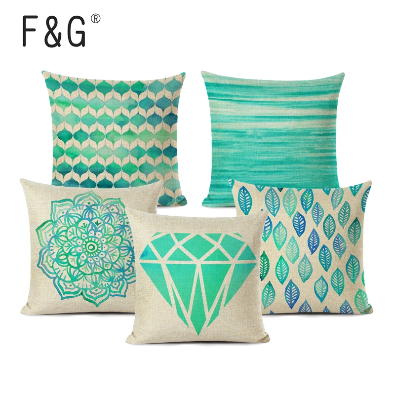 Geometric Blue Wave Home Cushion Covers Home Textile Decorative Soft Seat Car Custom Linen Mint Green Fresh Diamond Almohada