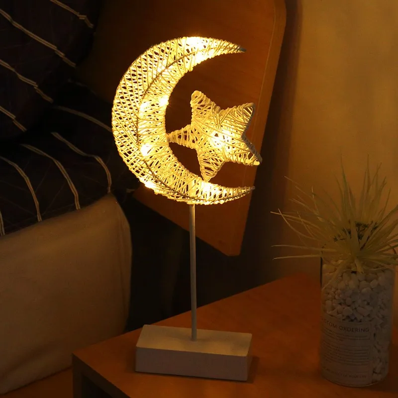 LED Rattan Table Lamp DIY Moon Star Heart Beautiful Night Light Bedside for Christmas Festival Wedding Party Home Decoration