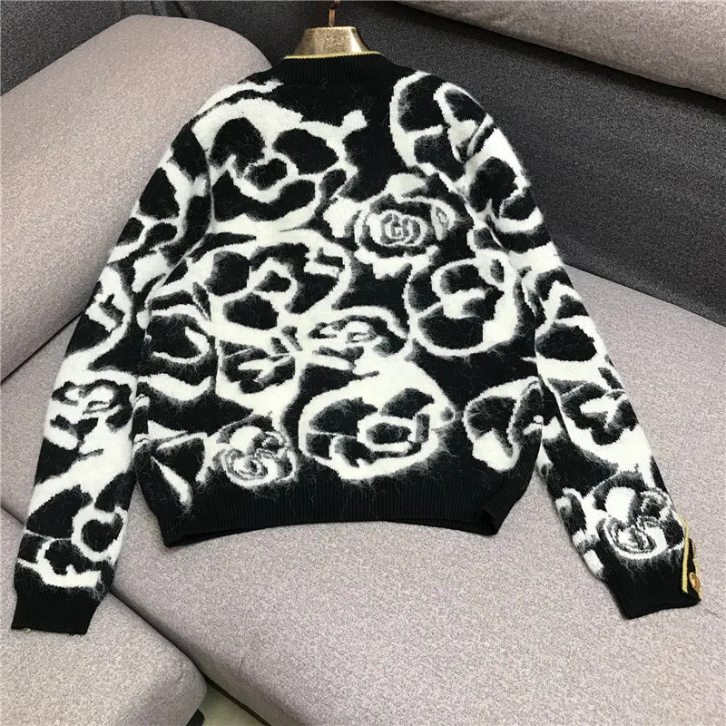 Frauen Stricken Strickjacke Jacke Elegante Warme Langarm Pullover Herbst Winter Streetwear Blume Einreiher Lose Pullover