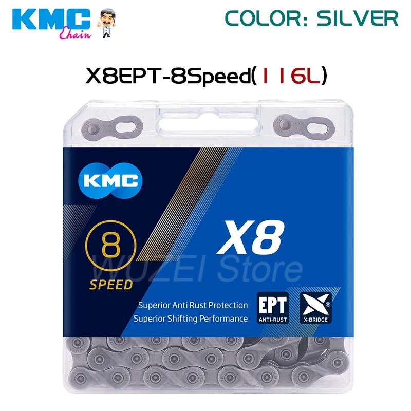 KMC Bicycle 6/7/8 Speed Z6/Z8.3/X8/X8PL/X8EPT MTB Road Bike Chains 116/112 Links with Magic Buckle 6/7/8V Chain for Shimano SRAM