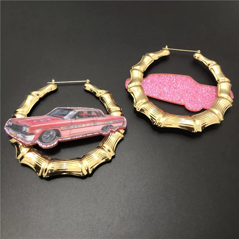 KUGUYS Vintage Pink Lowrider Car Bamboo Hoop Earrings for Women Retro Glitter Acrylic Trendy Accessories Rock HipHop Jewelry