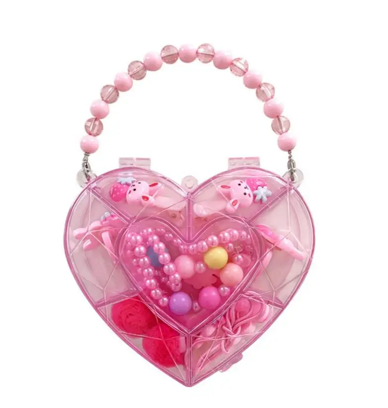 Little Girl Jewelry Set Party Favor Beaded Necklace Hairclip Ring with Clear Heart Box Storage Pretend Play Dress up Gift 20set