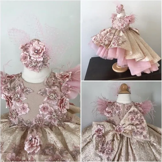 Apliques de encaje Floral rosa de lujo para niñas, vestidos de fiesta de cumpleaños para niñas, vestidos de desfile, vestidos de baile, ropa para niños