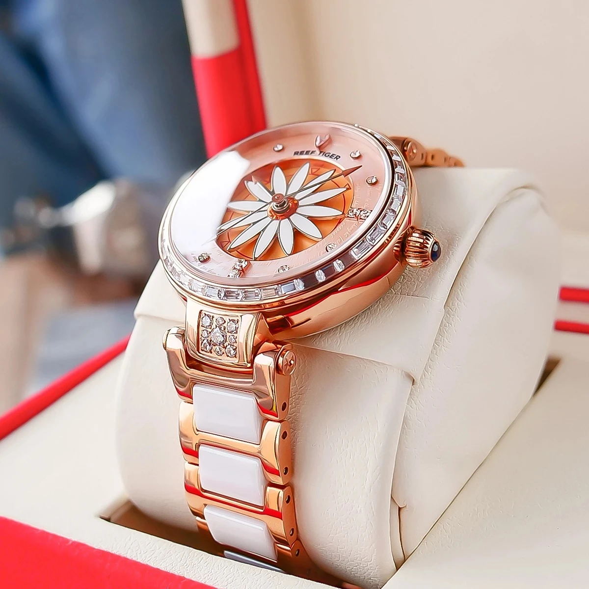 Reef Tiger/RT Luxury Elegant Lily Women Watch Rose Gold Diamonds Bezel Ceramic Strap Automatic Mechanical Lady Watches