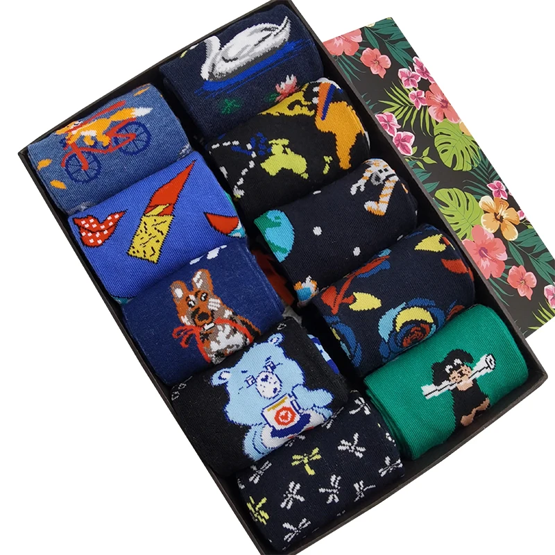 10 Pairs/Pack Combed Cotton Fashion Hip Hop Men Women Socks Funny Novelty Cartoons Cool Trend Art Fun Happy Skateboard Socks