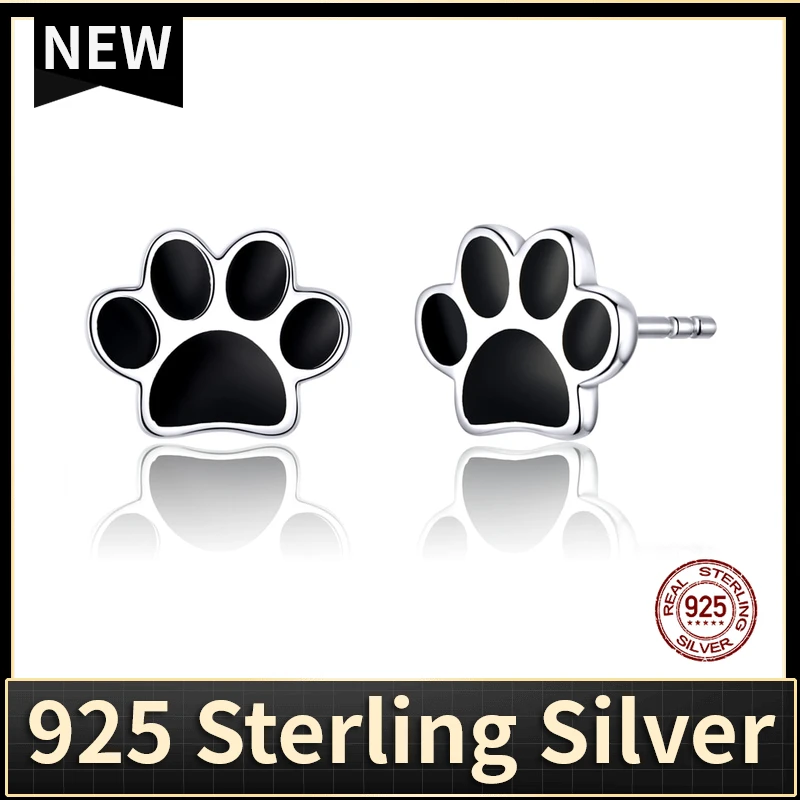 WOSTU Paw Dog Footprint Black Stud Earrings 925 Sterling Silver For Women Silver 925 Jewelry Small Earrings FIE757