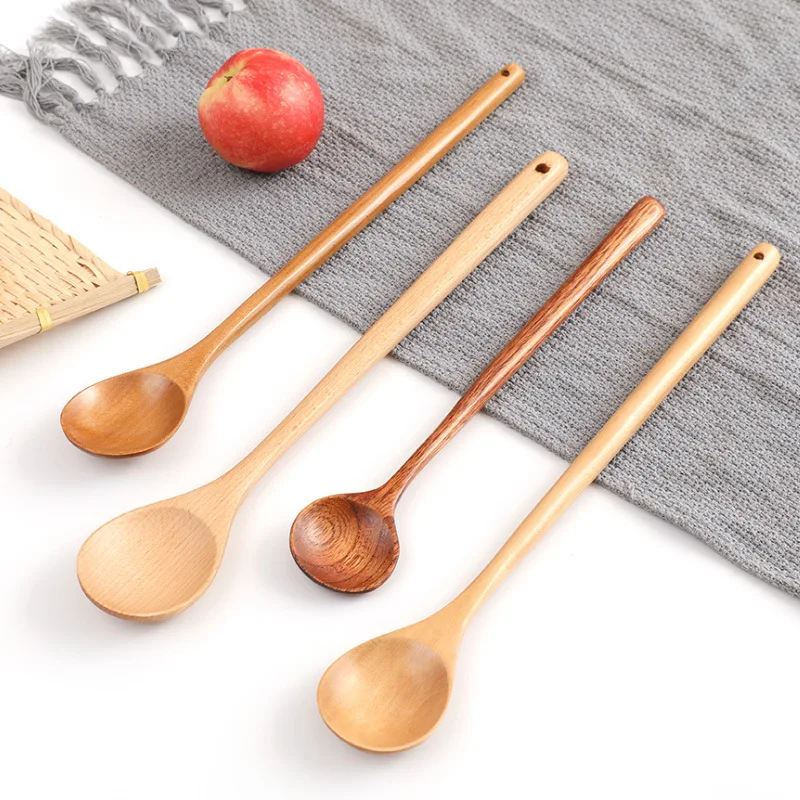 Long Spoons Wooden Natural Round Cooking Spoon for Soup Cooking Mixing Stirr Korean Style Kitchen Utensil Eco-Friendly Reusable