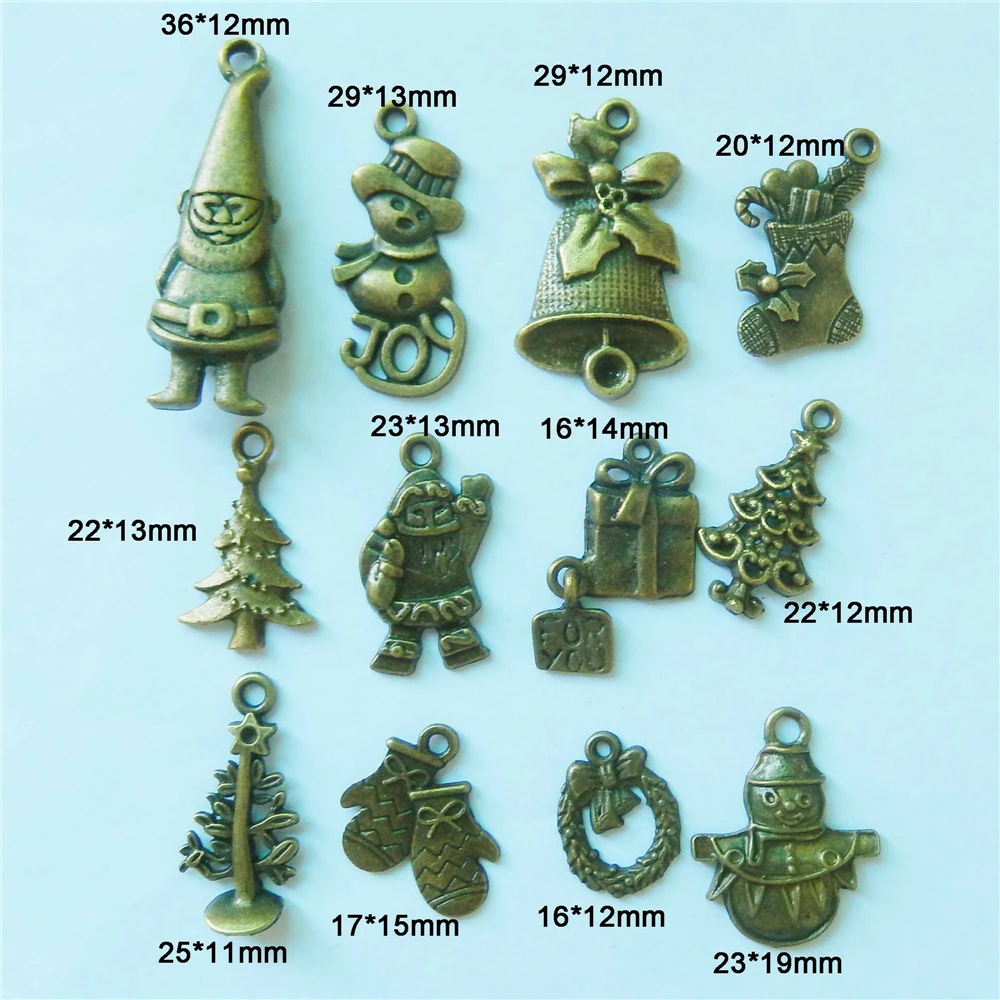 Julie Wang 10 PCS Mix Retro Bronze Alloy Christmas Charms Snowman Xmas Tree Stocking Gift Pendant Bracelet Dangle Jewelry Making