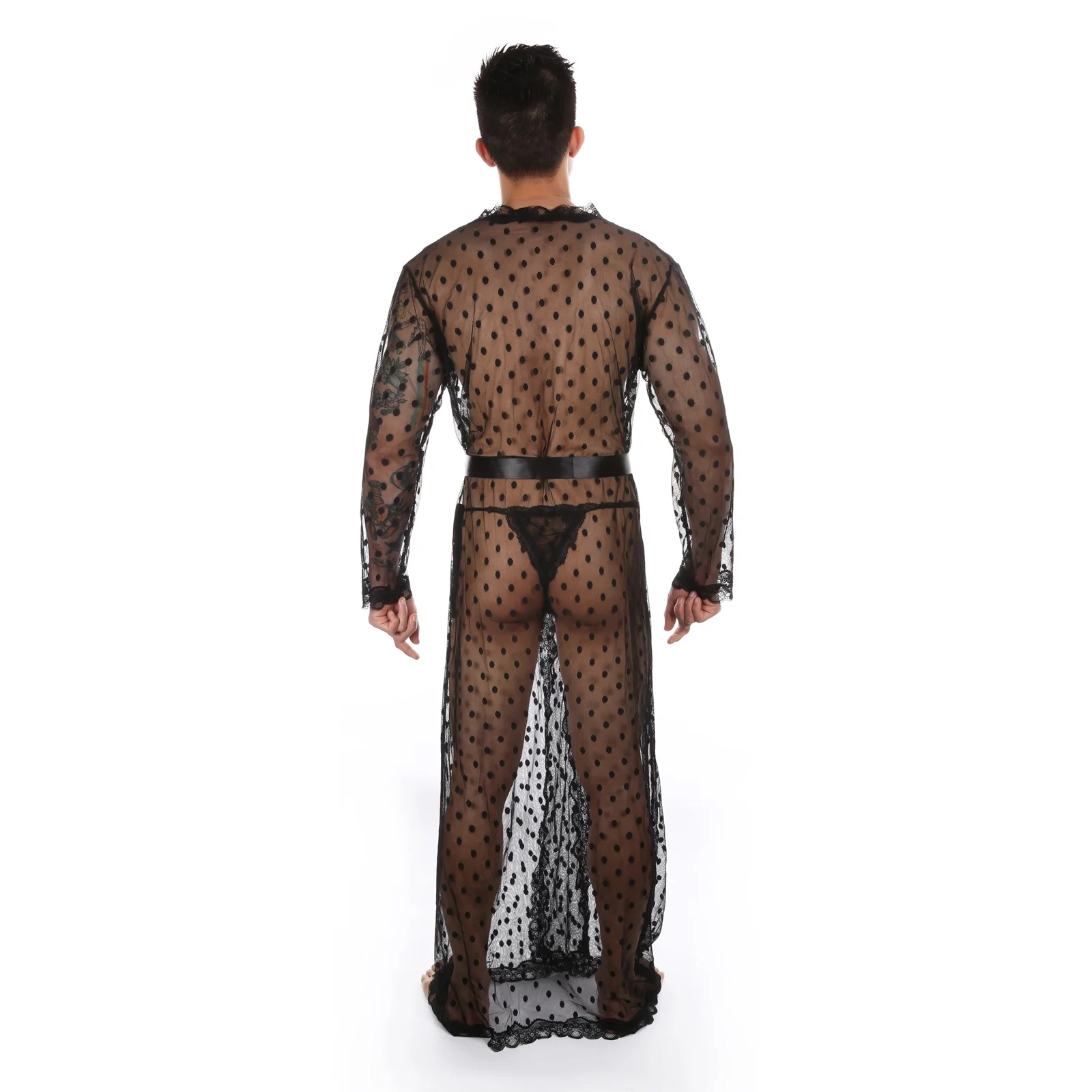 CLEVER-MENMODE Sexy Lingerie Robe Lace Sheer Long Bathrobe Nightwear Erotic See Through Men Dressing Gown and Thong Sleepwear