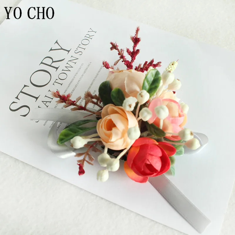 Yo cho casamento pulso corsage pulseira feminino noivo boutonniere pinos manguito pulseira dama de honra casamento testemunha de seda corsage flores