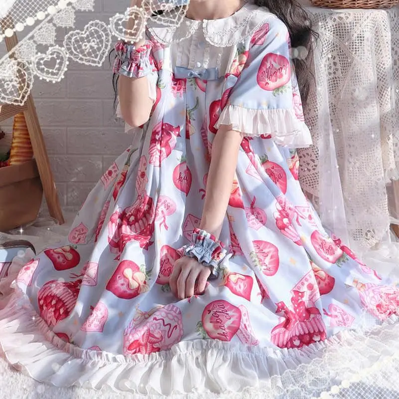 Lolita dress vintage lace bowknot peter pan collar high waist victorian strawberry dress kawaii girl gothic lolita op loli