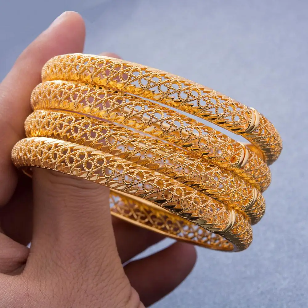 24k 4Pcs Gold Color Dubai India Bangles For Women African Bridal Bangles Bracelets Gold Wedding Bangles Jewellery Gifts